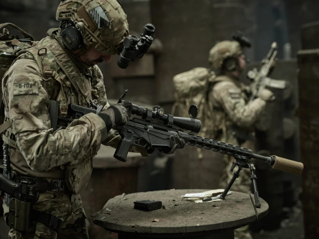 Soldiers in the field with rifles mounted on bipods