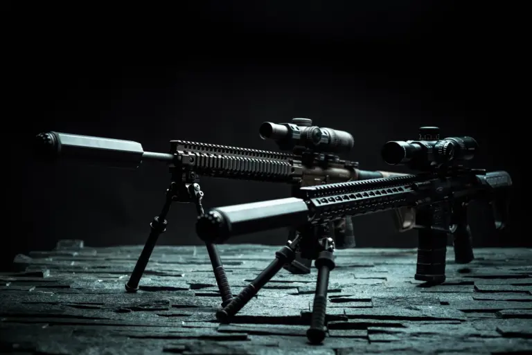 Atlas bipods deployed under two suppressed rail-mounted rifles with scopes on a dark studio table.