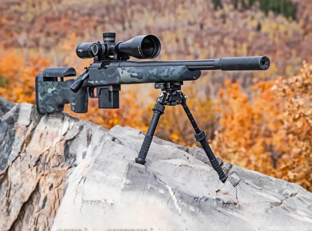 Camo precision rifle with suppressor on the Atlas PSR BT46-LW17 bipod on a granite ledge in fall color