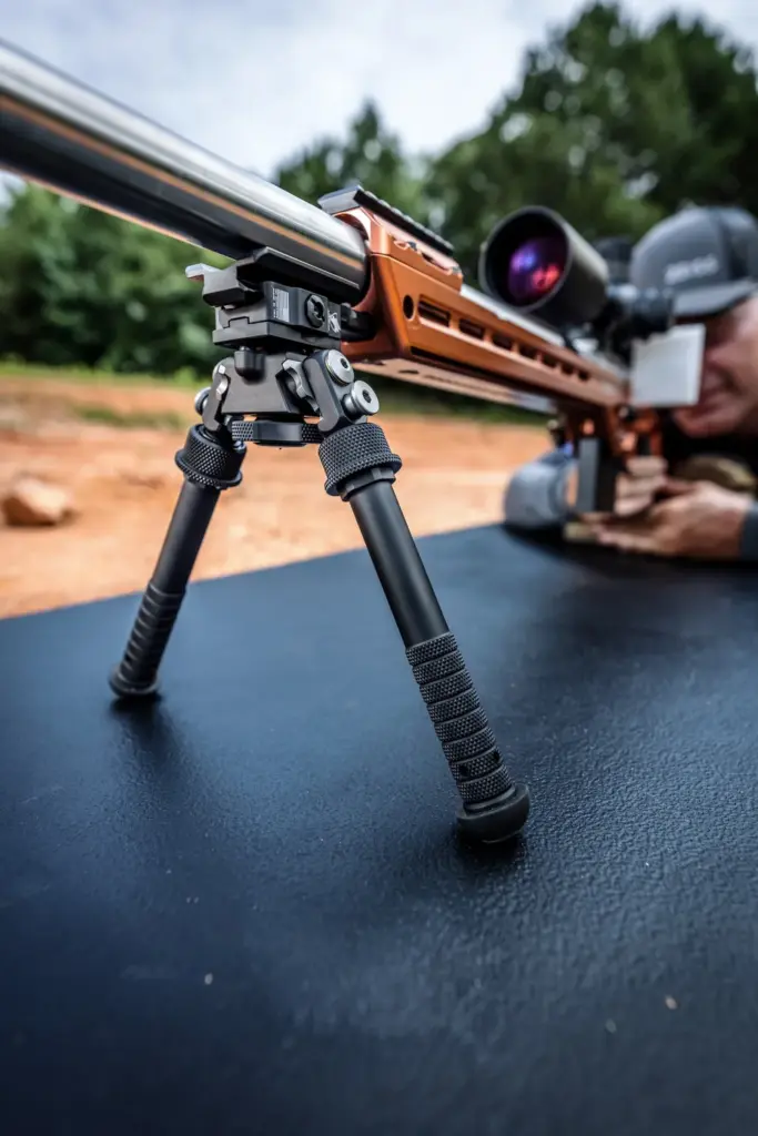 Atlas PSR BT46-LW17 bipod deployed under an orange M-LOK competition rifle on the firing line