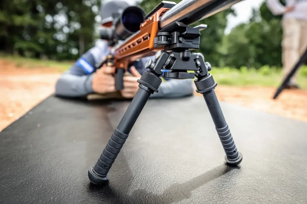 Close-up of Atlas PSR BT46-LW17 bipod legs on a bench mat with a competition rifle behind